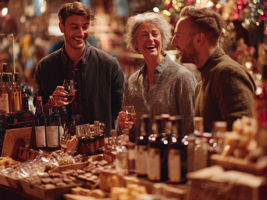 Three people smiling and chatting at a festive market stall filled with goods.