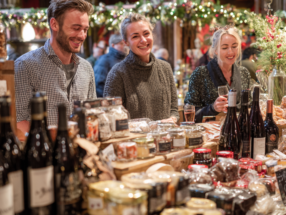 Three people smiling and chatting at a festive market stall filled with food and drinks.