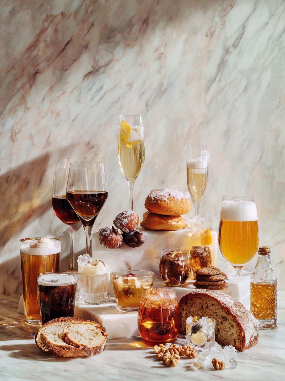 A festive spread of cheese, sweets, and drinks on a snowy table with holiday decorations.